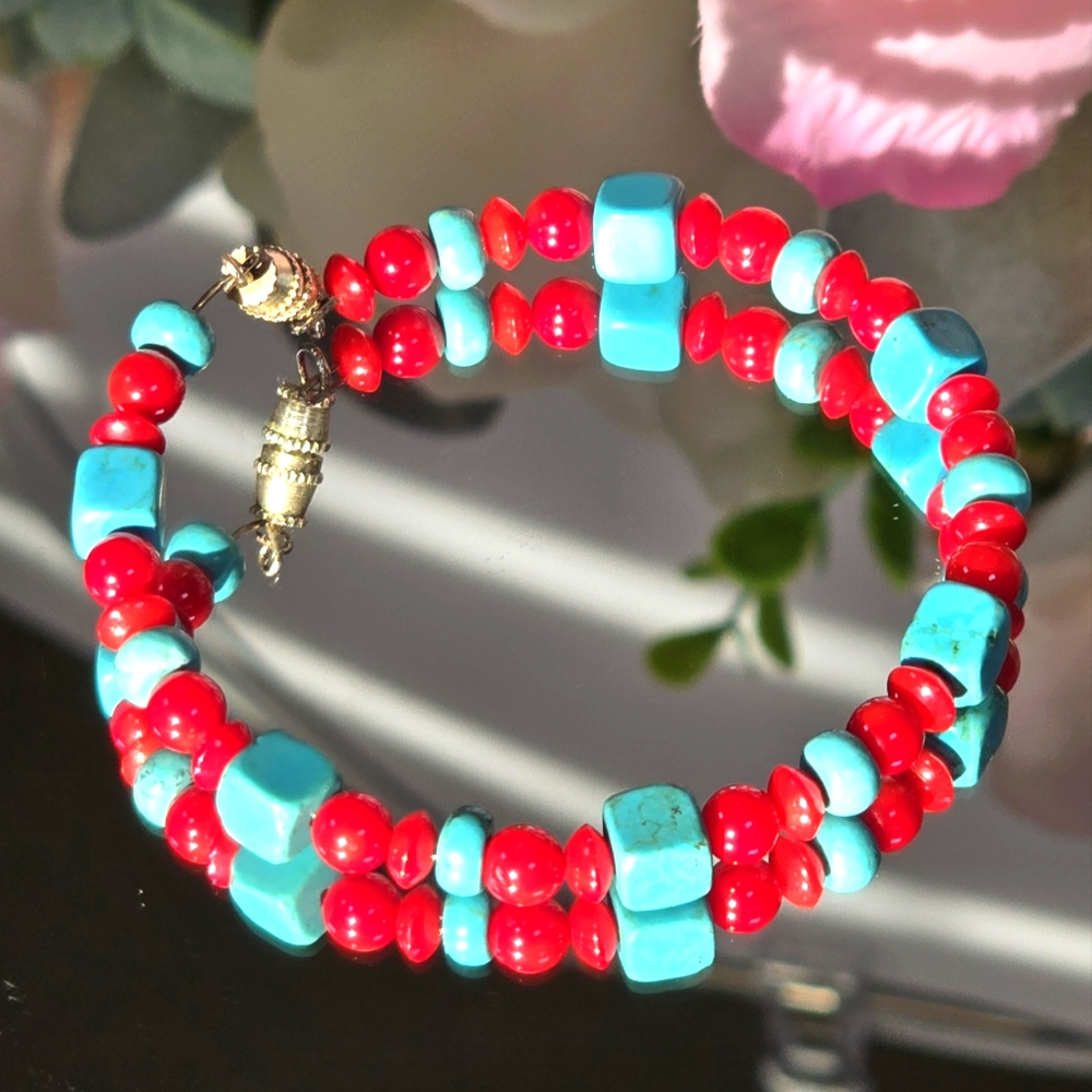 Blue Turquoise & Red Coral bracelet